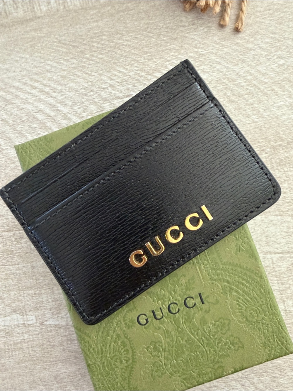 Gucci Black Textured Leather Card Holder with Gold Logo Letters